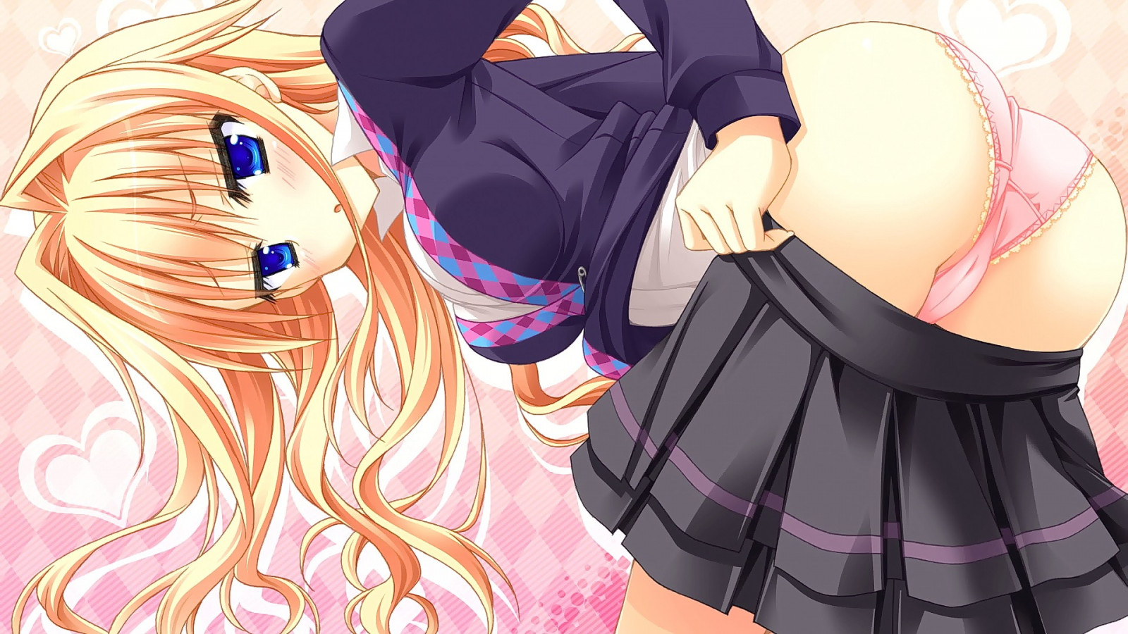 ilustrace, blondýnka, dlouhé vlasy, anime, anime dívky, modré oči, osel, při pohledu na diváka, kreslená pohádka, černé vlasy, školní uniforma, kalhotky, spodní prádlo, mangaka