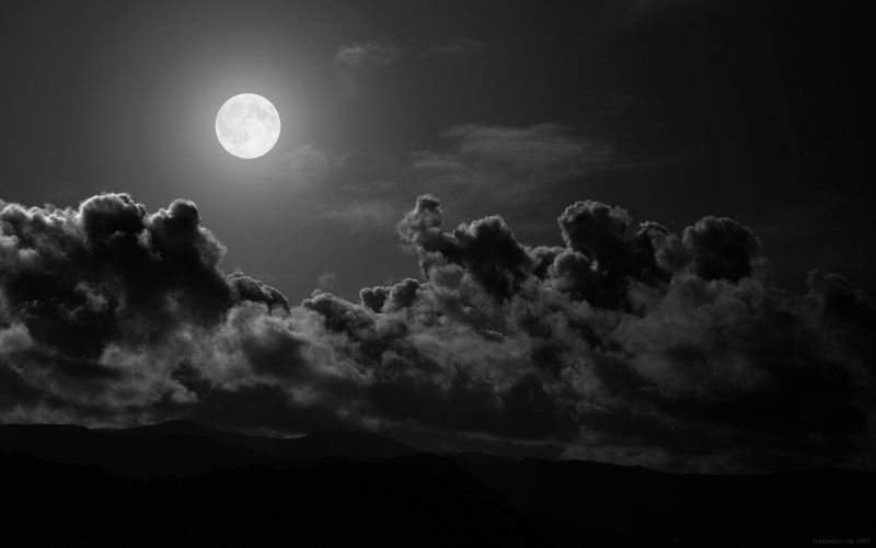 monocromo, notte, cielo, nuvole, Luna, chiaro di luna monocromo, notte, cielo, nuvole, Luna, chiaro di luna