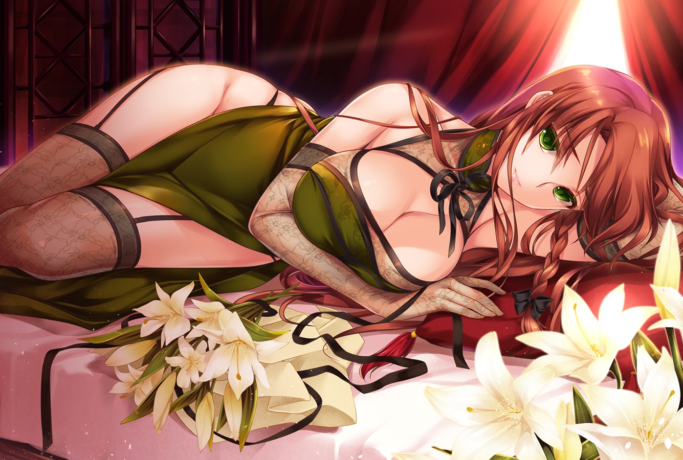 illustration, blomster, anime, grønne øjne, Touhou, strømper, handsker, ligger ned, spaltning, kinesisk kjole, Hong Meiling, blomst