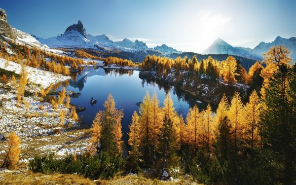 Dolomites mountains,forest,lake,1400x875 px,blue,fall
