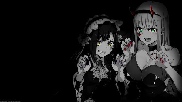 selective coloring,black background,dark background,simple background,anime girls,Darling in the FranXX