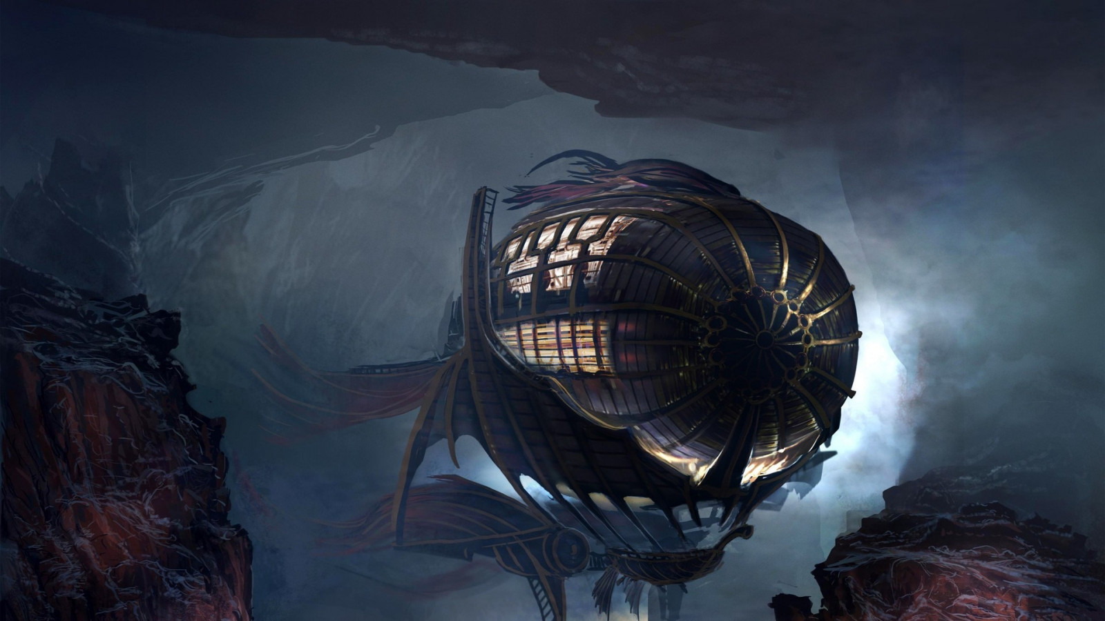 fantasy umění, umělecká díla, letadlo, Koncepce umění, Steampunk, jeskyně, loď duchů, tma, Snímek obrazovky, počítač tapeta