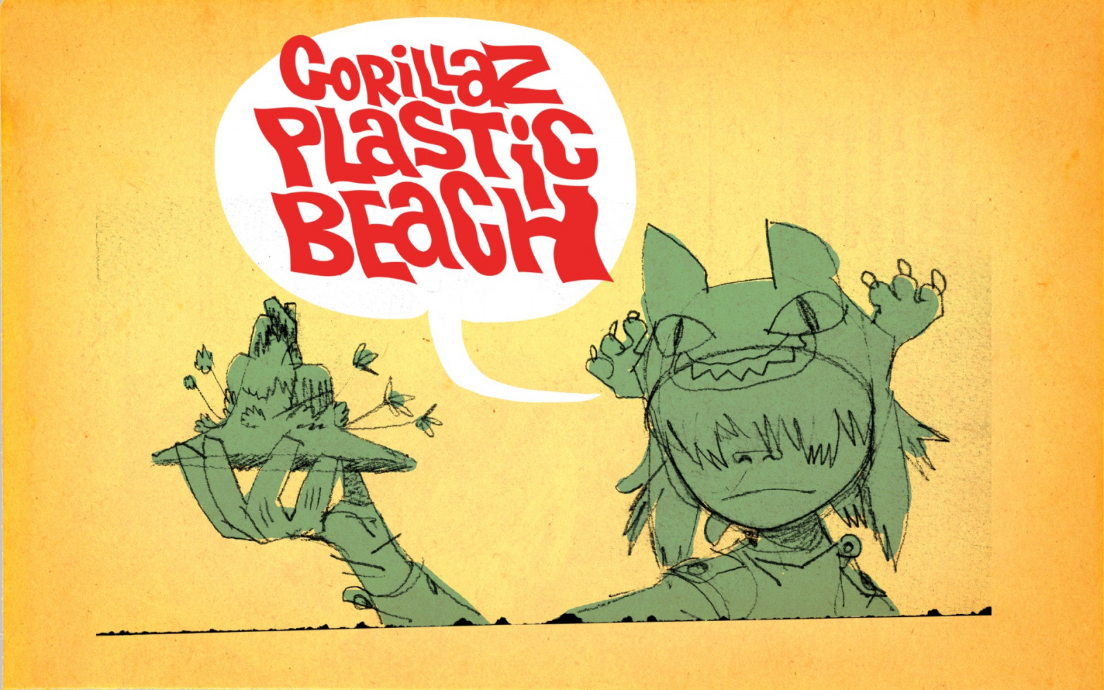 ilustrace, text, kreslená pohádka, Jamie Hewlettová, Nudle, Gorillaz, plakát, značka, Plastic Beach, font
