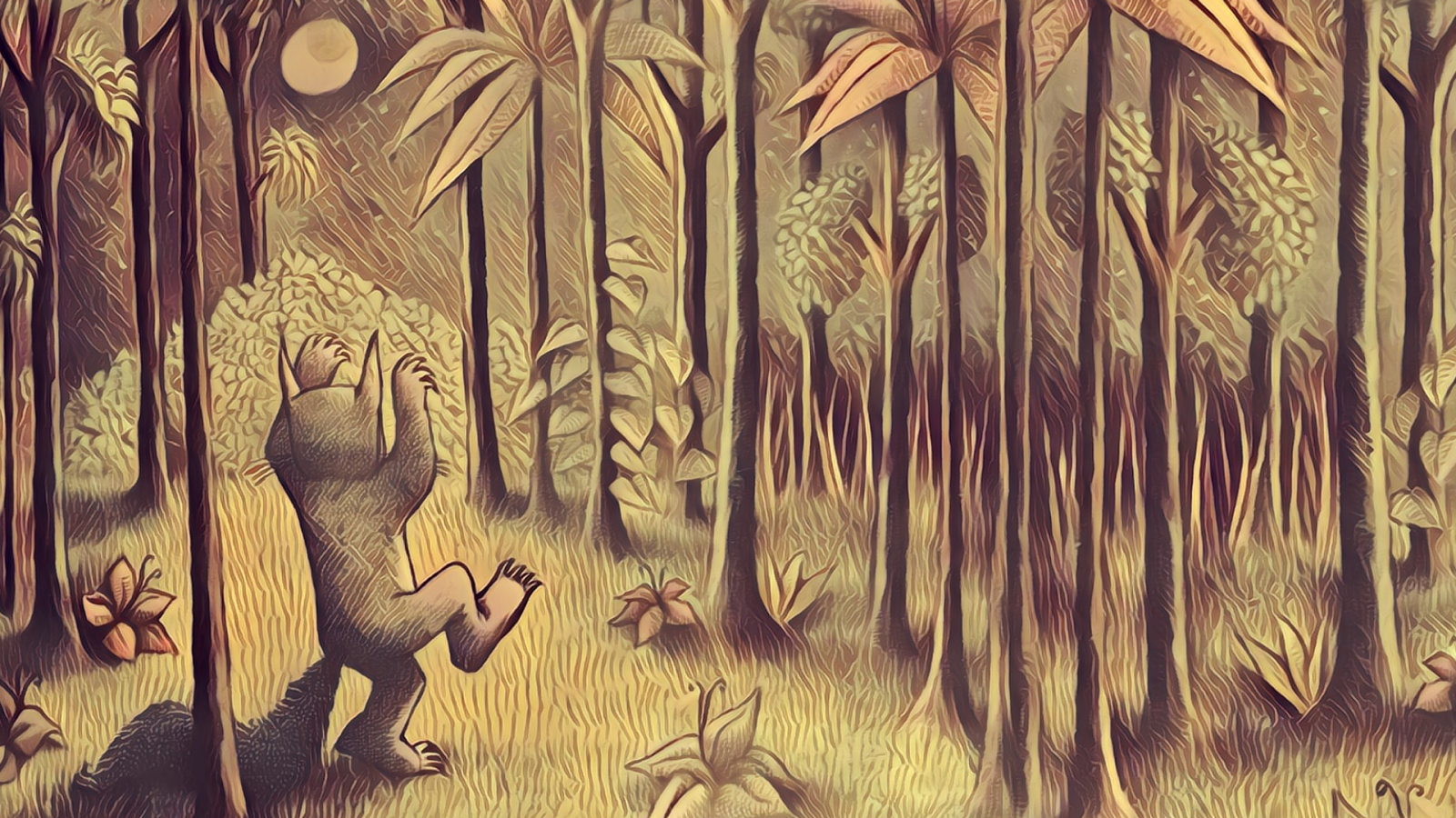 les, noc, Měsíc, džungle, Kde jsou ty divoké věci, Maurice Sendak, mytologie, UMĚNÍ, skica, Snímek obrazovky, místo výskytu, savana