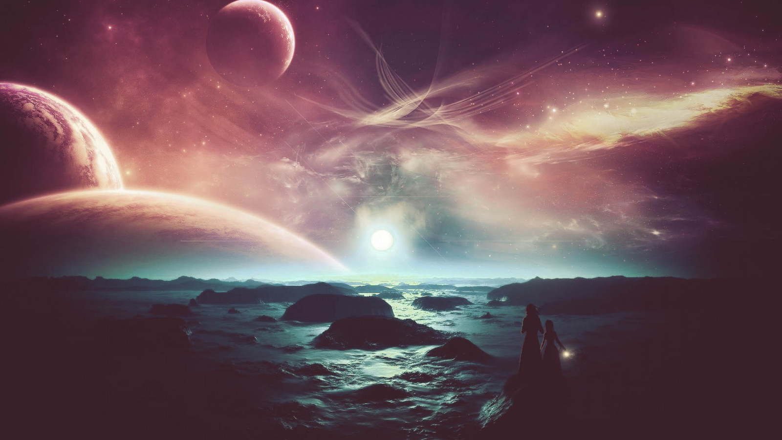 digitale Kunst, Fantasiekunst, Planet, Platz, Himmel, Kunstwerk, Raumkunst, Mondlicht, Horizont, Atmosphäre, Universum, Wolke, Bildschirmfoto, Computer-Tapete, Weltraum, Astronomisches Objekt