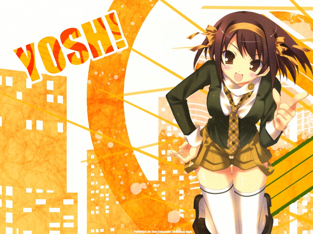 ilustrace, anime, kreslená pohádka, punčochy, Melancholie Haruhi Suzumiya, mangaka