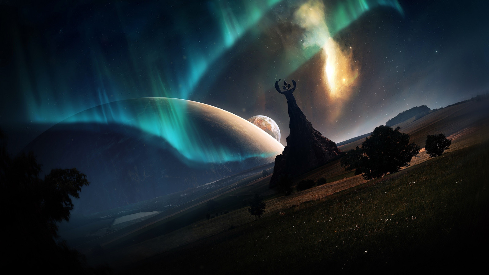 krajina, digitální umění, fantasy umění, noc, prostor, space art, měsíční svit, atmosféra, jitřenka, tma, Snímek obrazovky, počítač tapeta, Atmosféra Země, vesmír, geologický fenomén