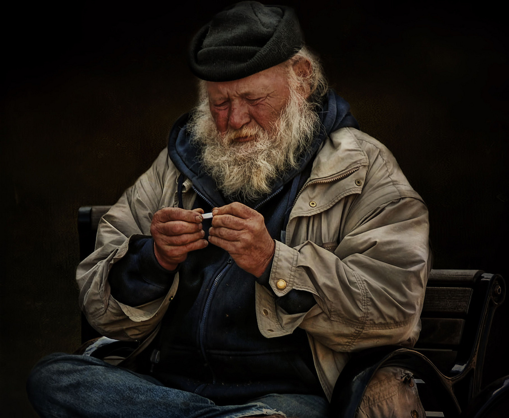 kouř, kouření, cigarety, Gentleman, Kalifornie, osamělý, muž, vousy, člověk, bez domova, santamonica, tma, starší, vousy, human behavior