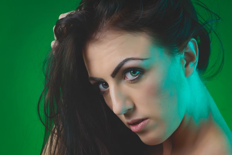 tvář, ženy, model, portrét, fotografování, zelená tvář, ženy, model, portrét, fotografování, zelená
