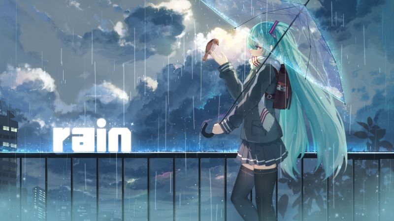 anime, déšť, deštník, Vocaloid, odraz, modrý anime, déšť, deštník, Vocaloid, odraz, modrý