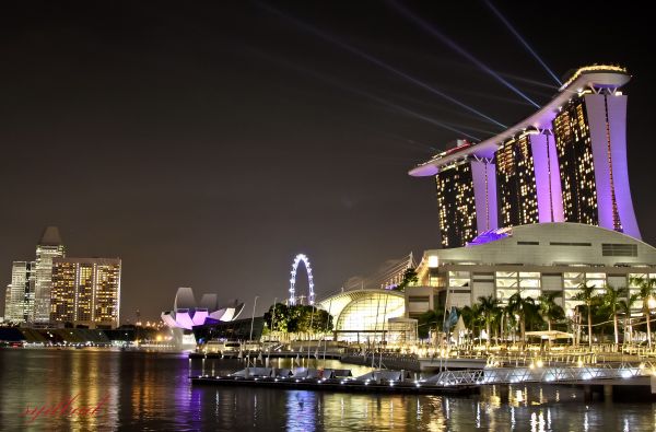 city, cityscape, night, bay, architecture, Singapore