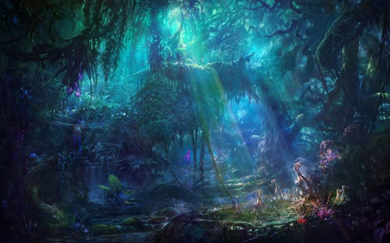 sunlight, trees, forest, digital art, flowers, grass sunlight, trees, forest, digital art, flowers, grass