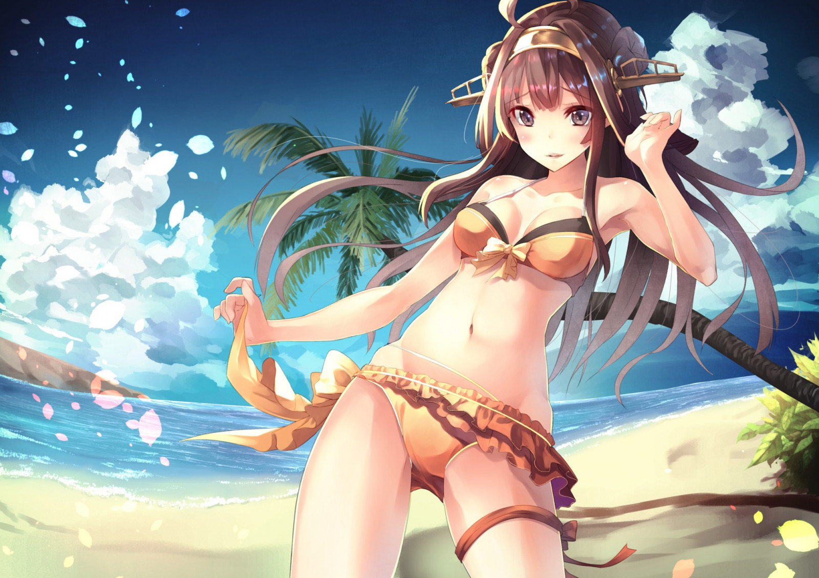 illustration, hav, langt hår, anime, Anime piger, brunette, strand, tegneserie, Kantai Collection, brune øjne, spaltning, bikini, Kongou KanColle, mytologi, skærmbillede, computer tapet, fiktiv karakter
