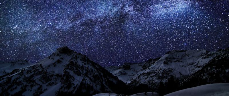 krajina, noc, galaxie, nebe, měsíční svit, sníh krajina, noc, galaxie, nebe, měsíční svit, sníh