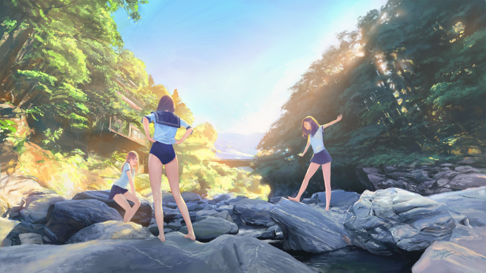 Wallpaper sunlight, illustration, nature, school uniform, river