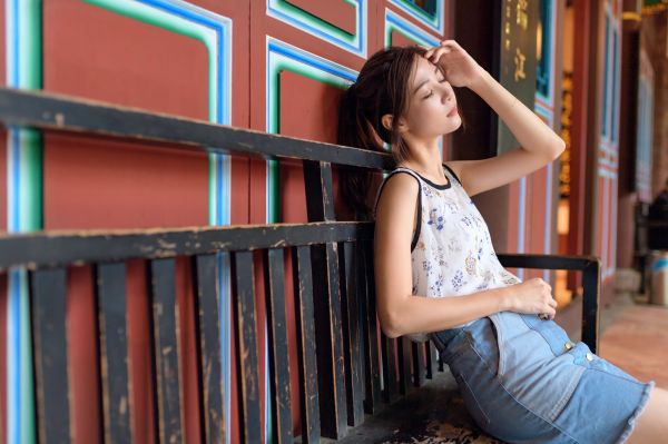 women, brunette, Asian, model, ponytail, closed eyes