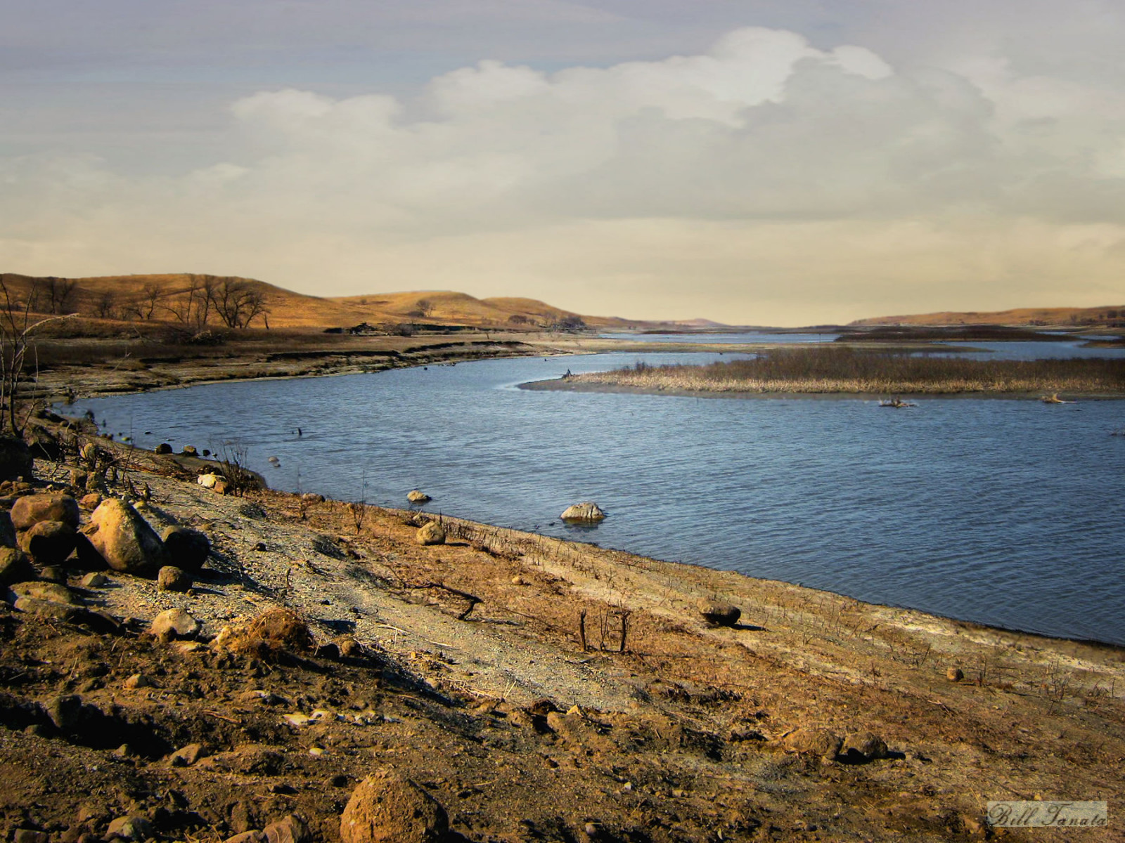 Severní Dakota, krajina, voda, řeka, pobřeží, skály, venku, venkovský, prérie, pláně