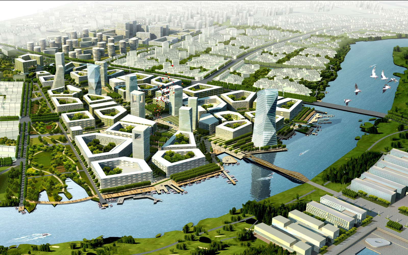 stromy, digitální umění, loď, ptactvo, město, ulice, panoráma města, architektura, budova, CGI, Dům, mrakodrap, moderní, řeka, dok, ptačí perspektivy, stadión, ekologie, plán, struktura, majetek, Marina, mezník, předměstí, sousedství, obytný prostor, sportovní dějiště, letecké snímkování, urbanismus, krajinný architekt