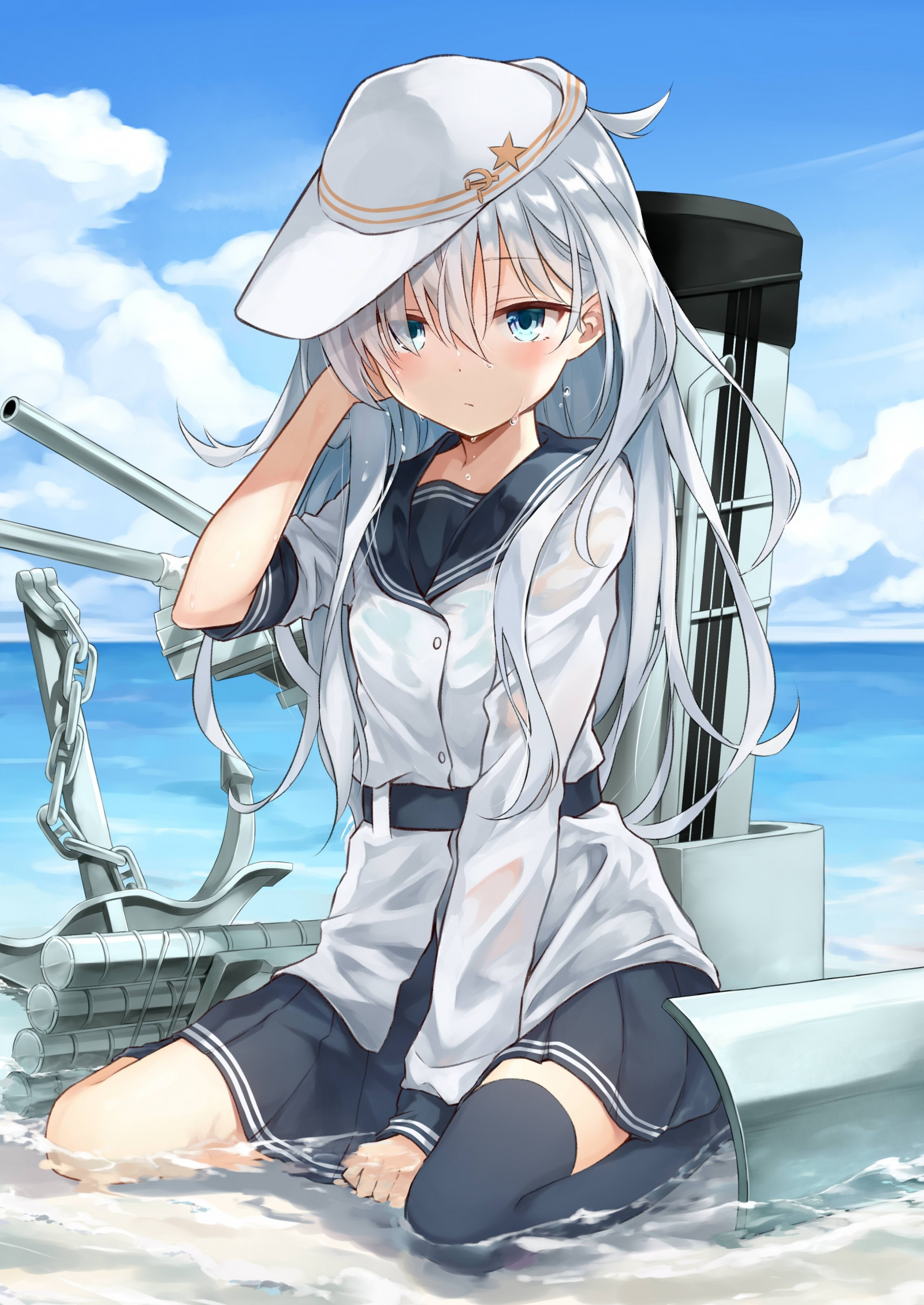 illustration, hav, langt hår, anime, Anime piger, blå øjne, tegneserie, Kantai Collection, gråt hår, våd, vådt tøj, Hibiki KanColle, Verniy KanColle, mangaka