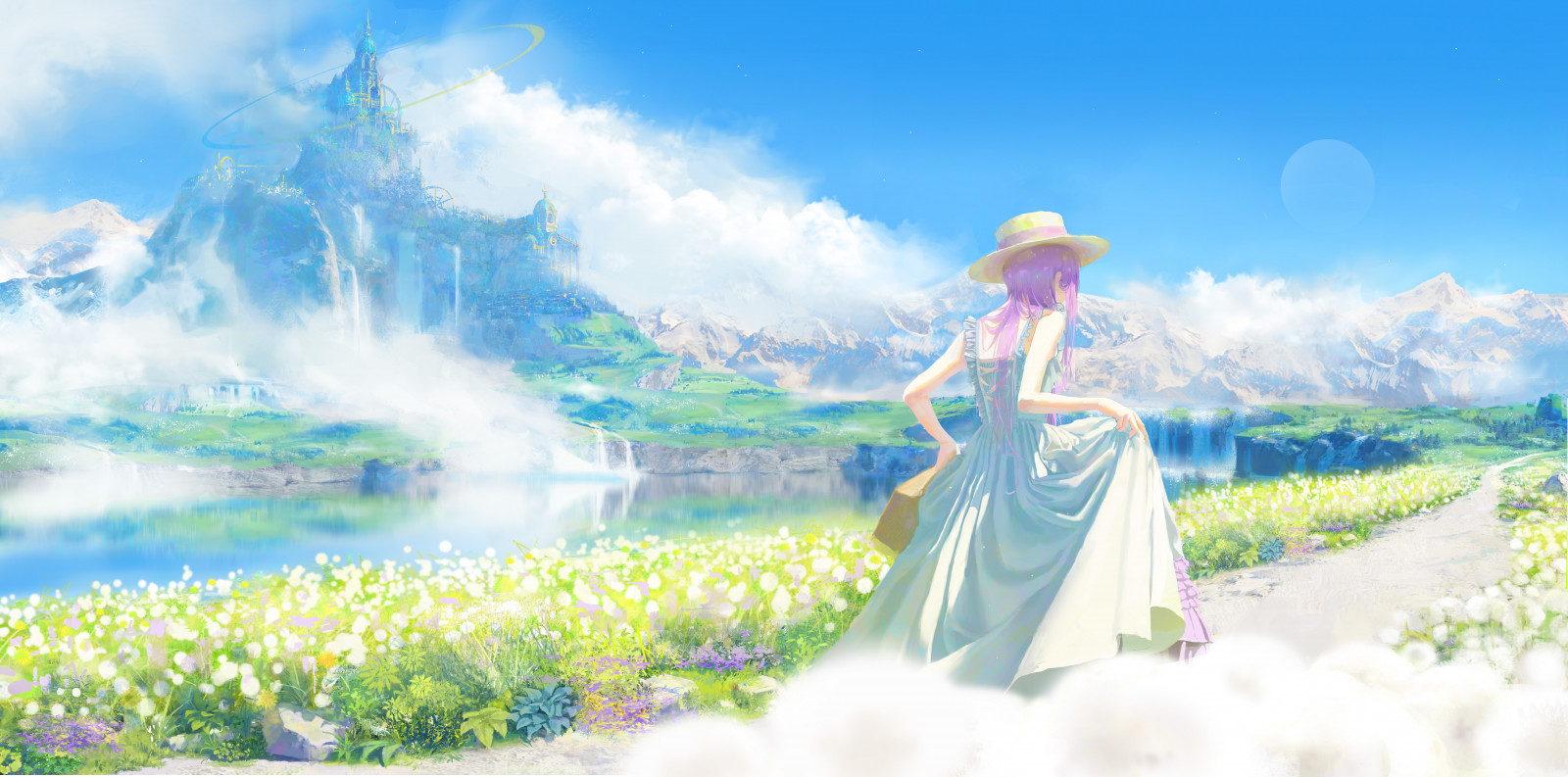 nube, pianta, fiore, cielo, acqua, People in nature, ecoregione, cappello, ambiente naturale, Natural landscape, cappello da sole, contento, erba, corpo d'acqua, prateria, la pittura, paesaggio, mattina, tempo libero, prato, area rurale, ARTE, cg artwork, viaggio, famiglia di erba, petalo, vento, campo, pittura ad acquerello, lago, illustrazione, prateria, primavera, personaggio fittizio, Fiore di campo, disegno, divertimento, stock photography, toga, Turismo, pianta fiorita, agricoltura, ricreazione, piantagione, accessorio di moda, animazione, Ninfea, colori acrilici