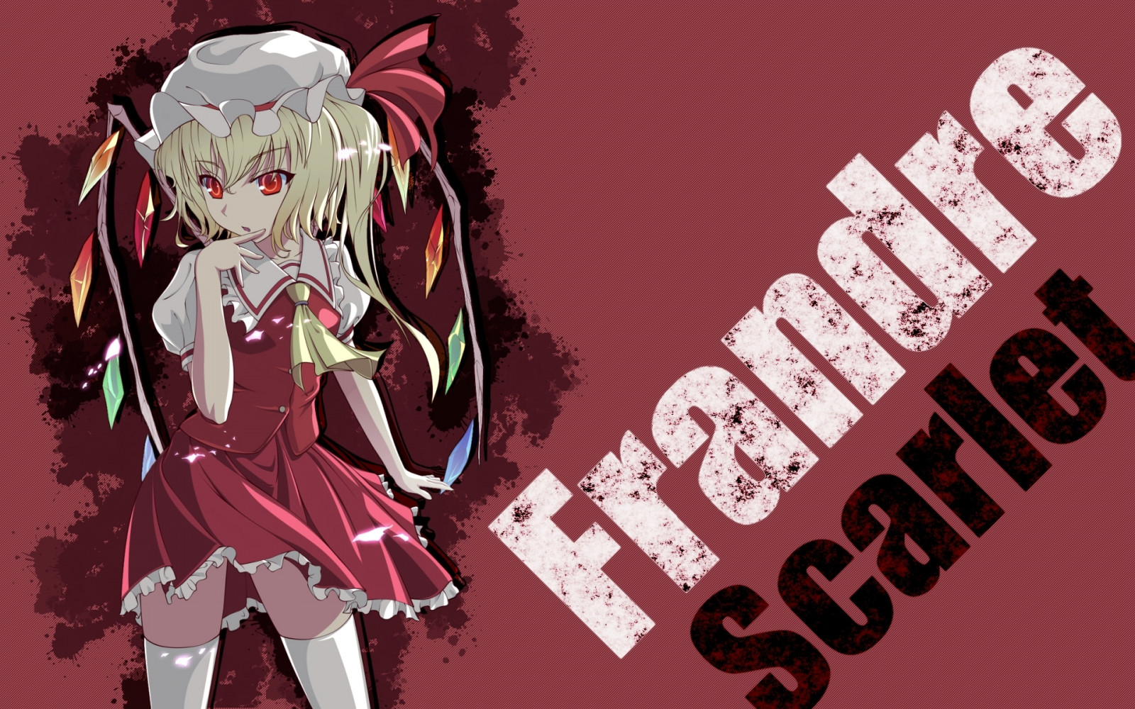 illustration, anime, Touhou, tegneserie, Flandre Scarlet, pige, kasket, skrifttype