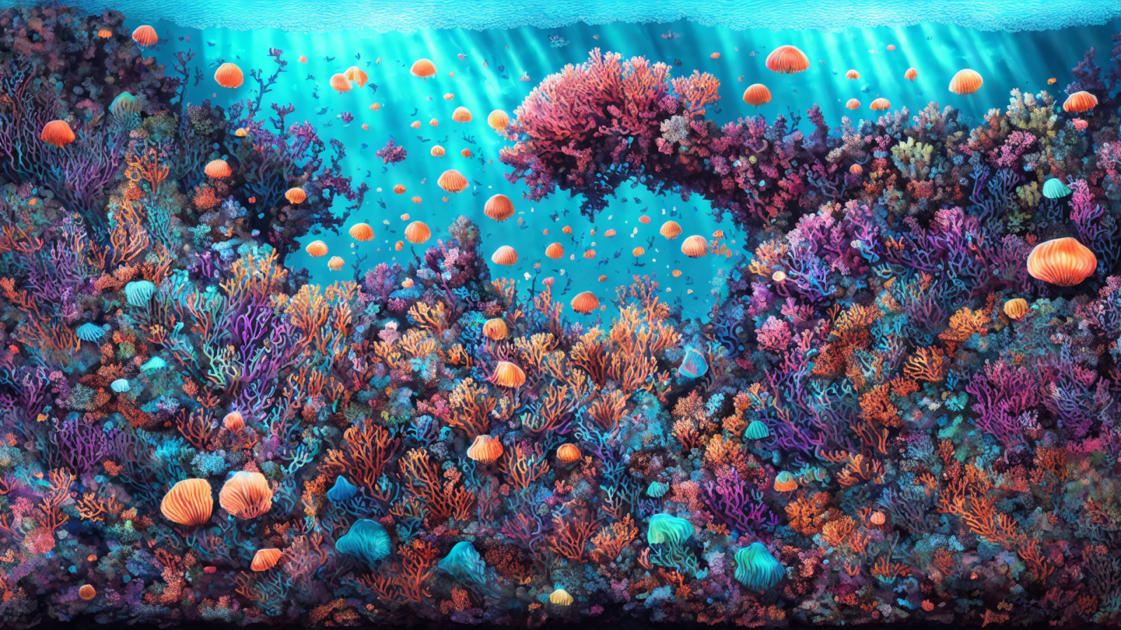 underwater, digital art, fish, jellyfish, algae, coral, coral reef