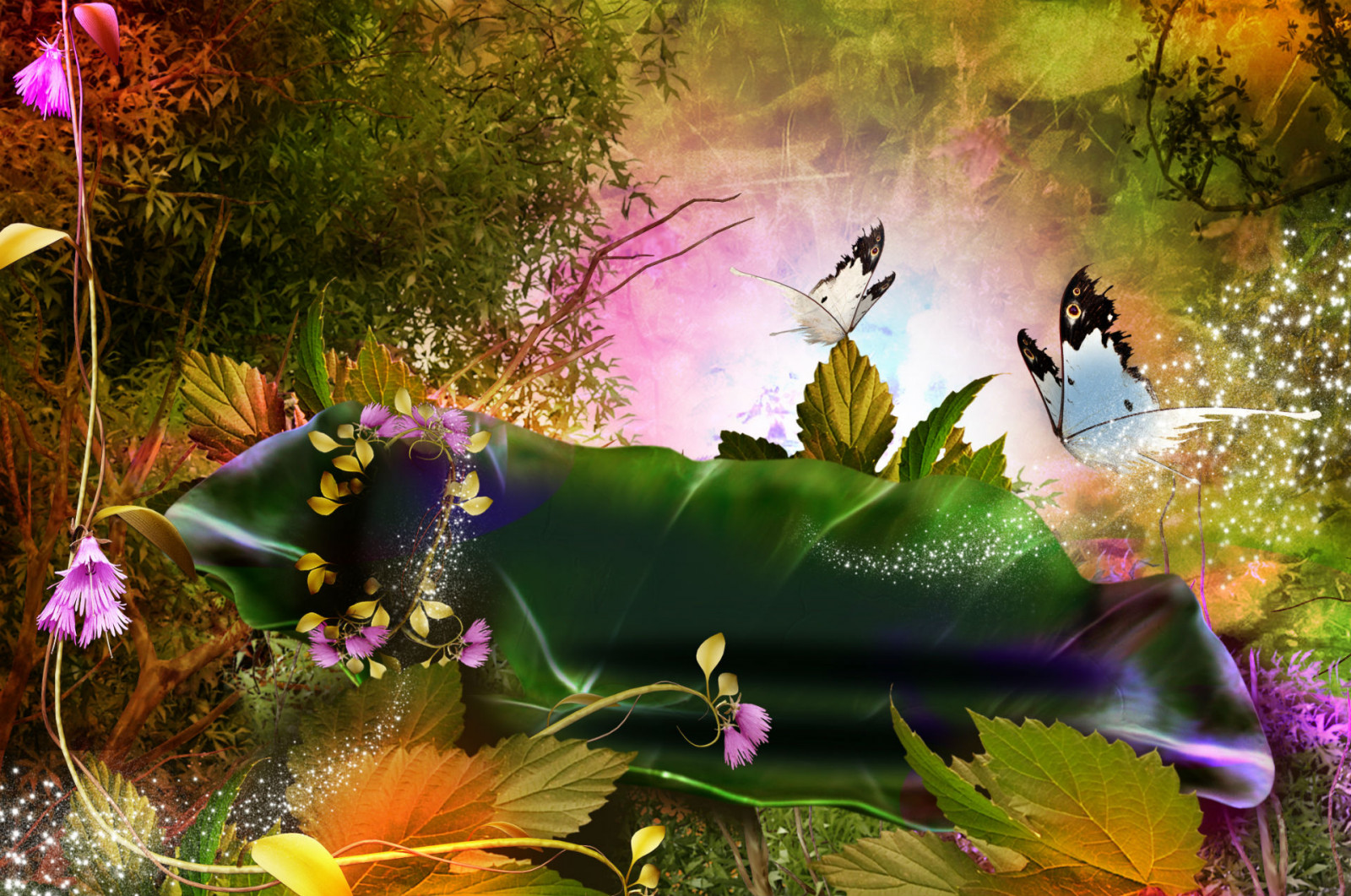 1920x1274 px, 3D, πεταλούδα, λουλούδια, δάσος, φύλλα, μαγεία, φύση, Phantasmagoria