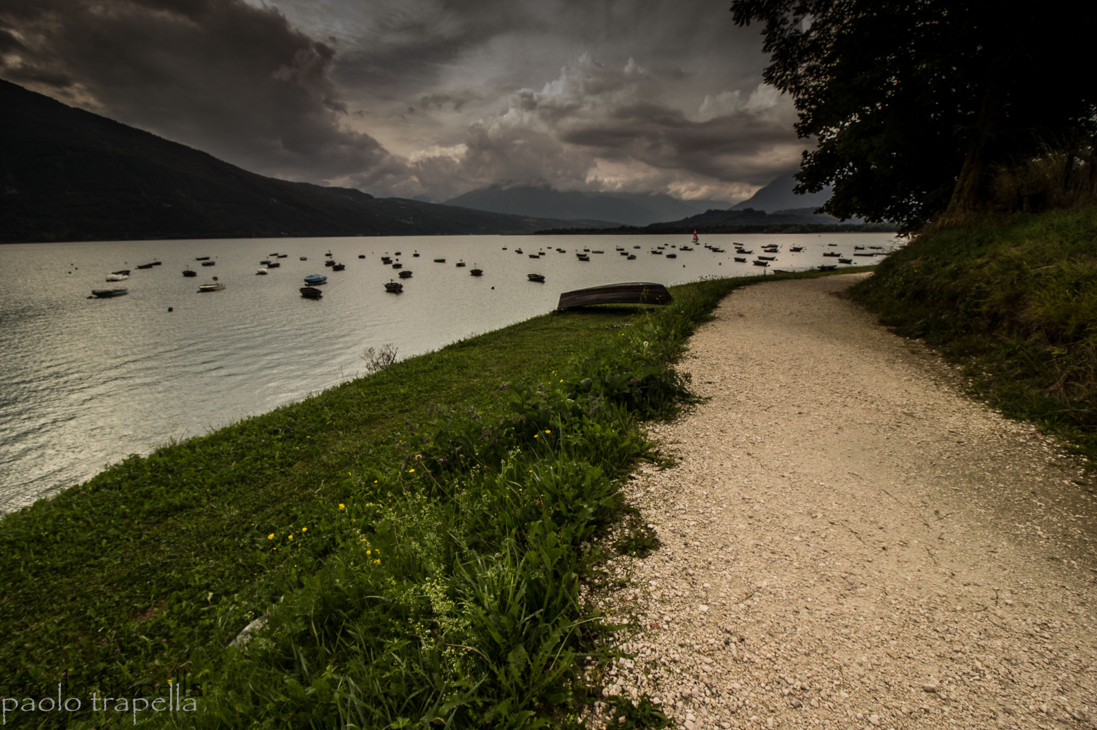 Barche, lago, santa, croce, Italia, loď, voda, nebe, mraky, nuvole, cielo