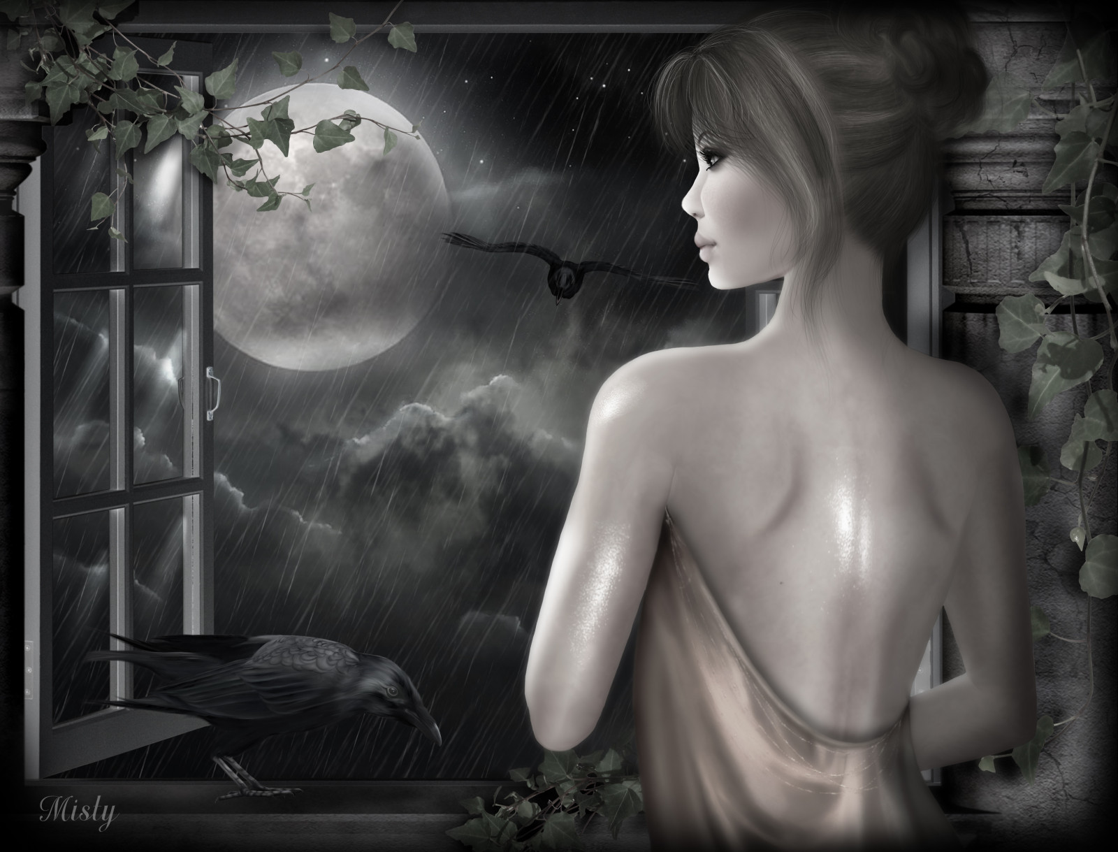 černobílý, model, fotografování, bouřka, černé vlasy, měsíční svit, smutek, mytologie, akt, dívka, ženský, sexy, tma, SL, druhý život, počítač tapeta, Černý a bílý, monochromatické fotografování, umění model, goth subkultury, zátiší fotografování, erotická literatura, havrani, stock photography, cg artwork