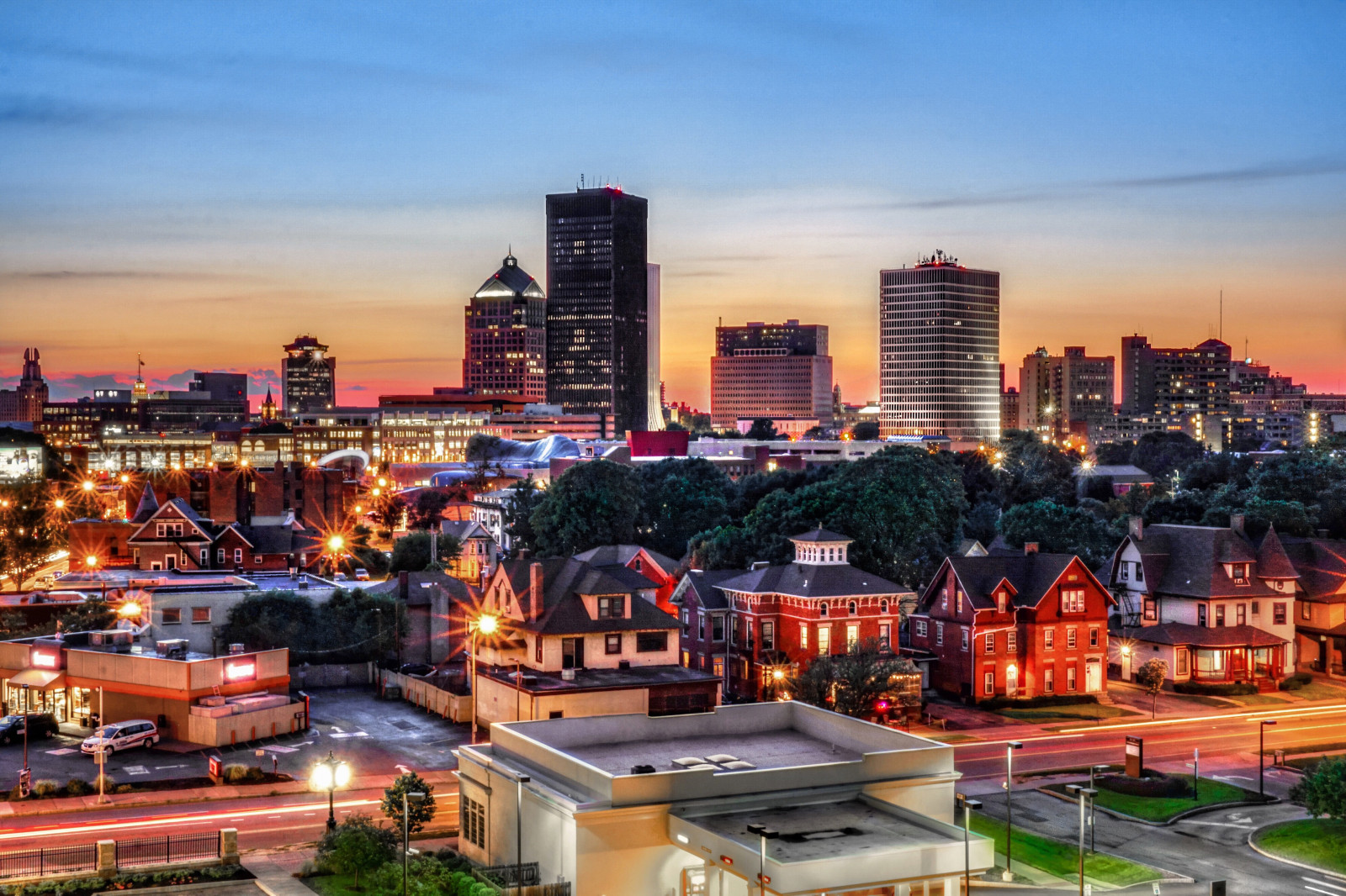 Wallpaper sunset, city, cityscape, night, building, sky, skyline