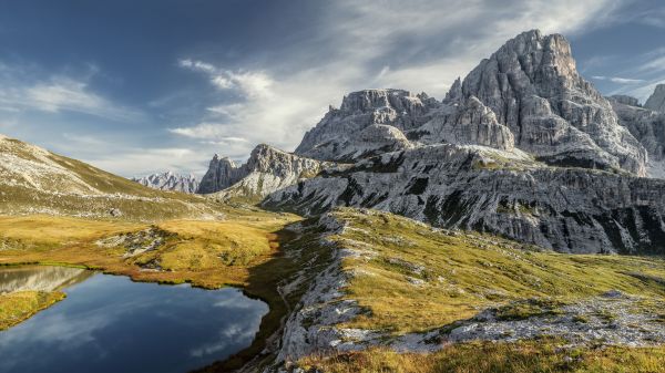 landscape, mountains, nature, lake, rock, reflection