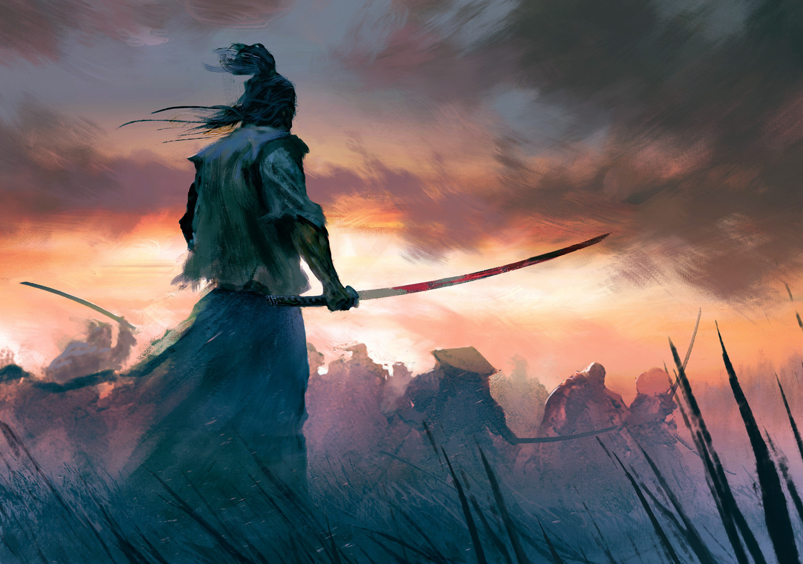 Felix Ortiz, Miyamoto Musashi, samuraj, Ronin, umělecká díla, katana, krev, bojování, muži, Musashi, Japonsko, krajina