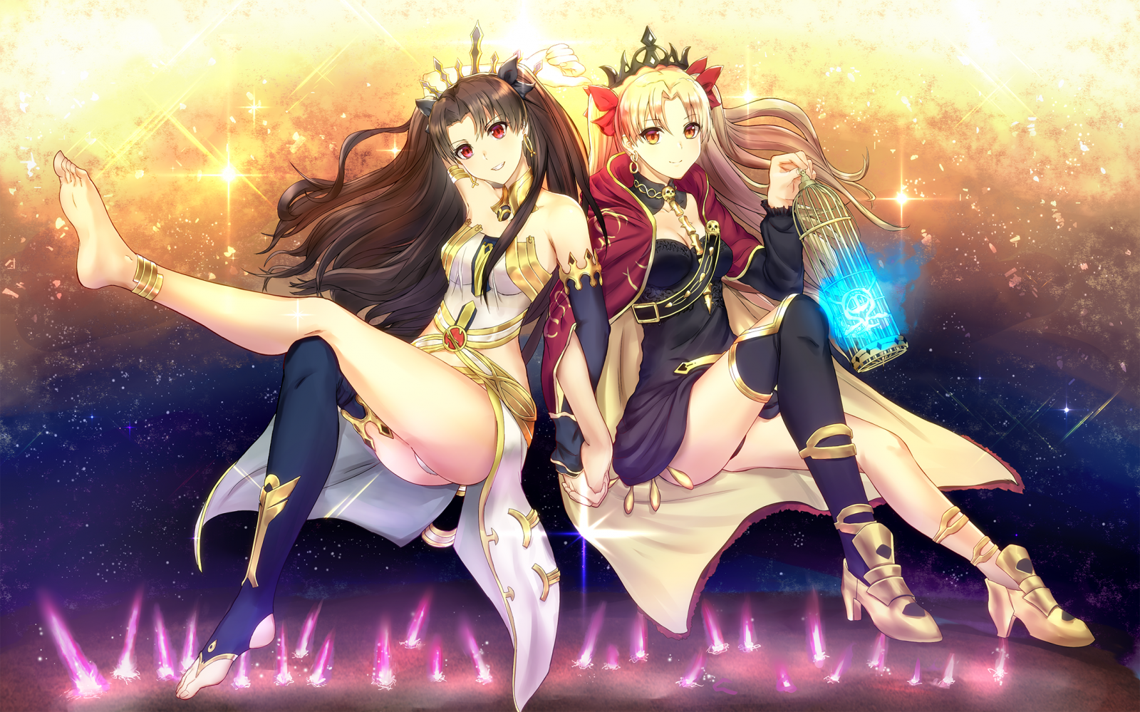 anime, anime girls, Serie Fate, Fate Grand'Ordine, Ishtar Fate grande ordine, Ereshkigal Fate Grand Order, twintails, capelli lunghi, capelli neri, bionda, Gemelli, opera d'arte, arte digitale, fan art