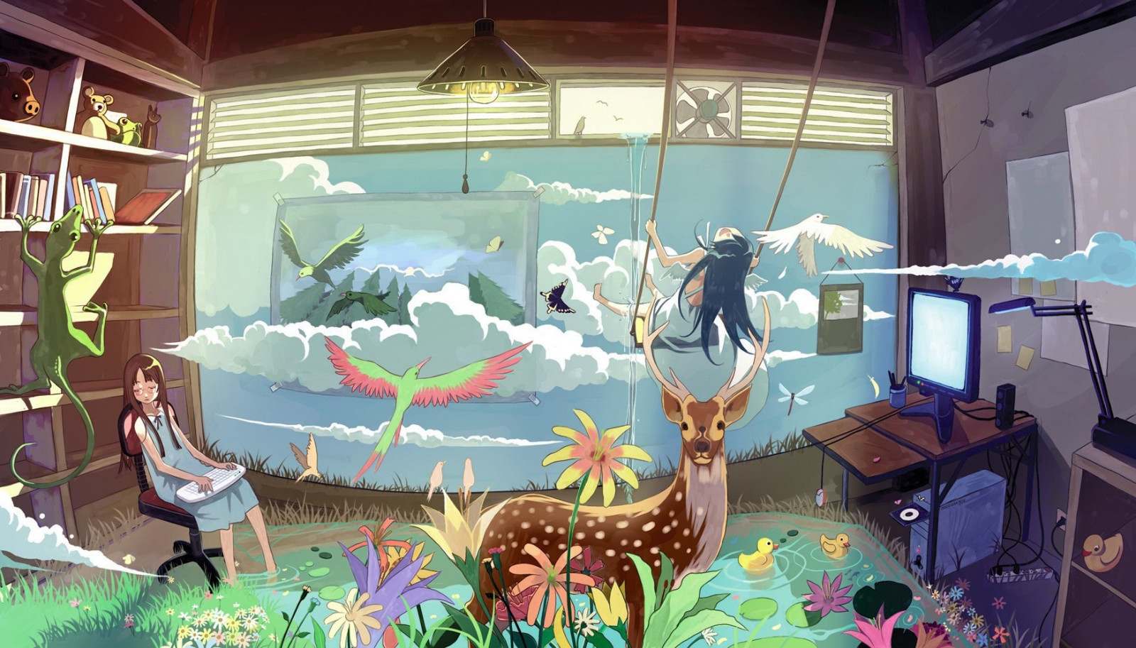 hjort, fugle, firben, kunstværk, skyer, bøger, computer, udvej, gynger, hylder, vægmaleri, gummi ænder, KUNST, skærmbillede, 1751x1000 px