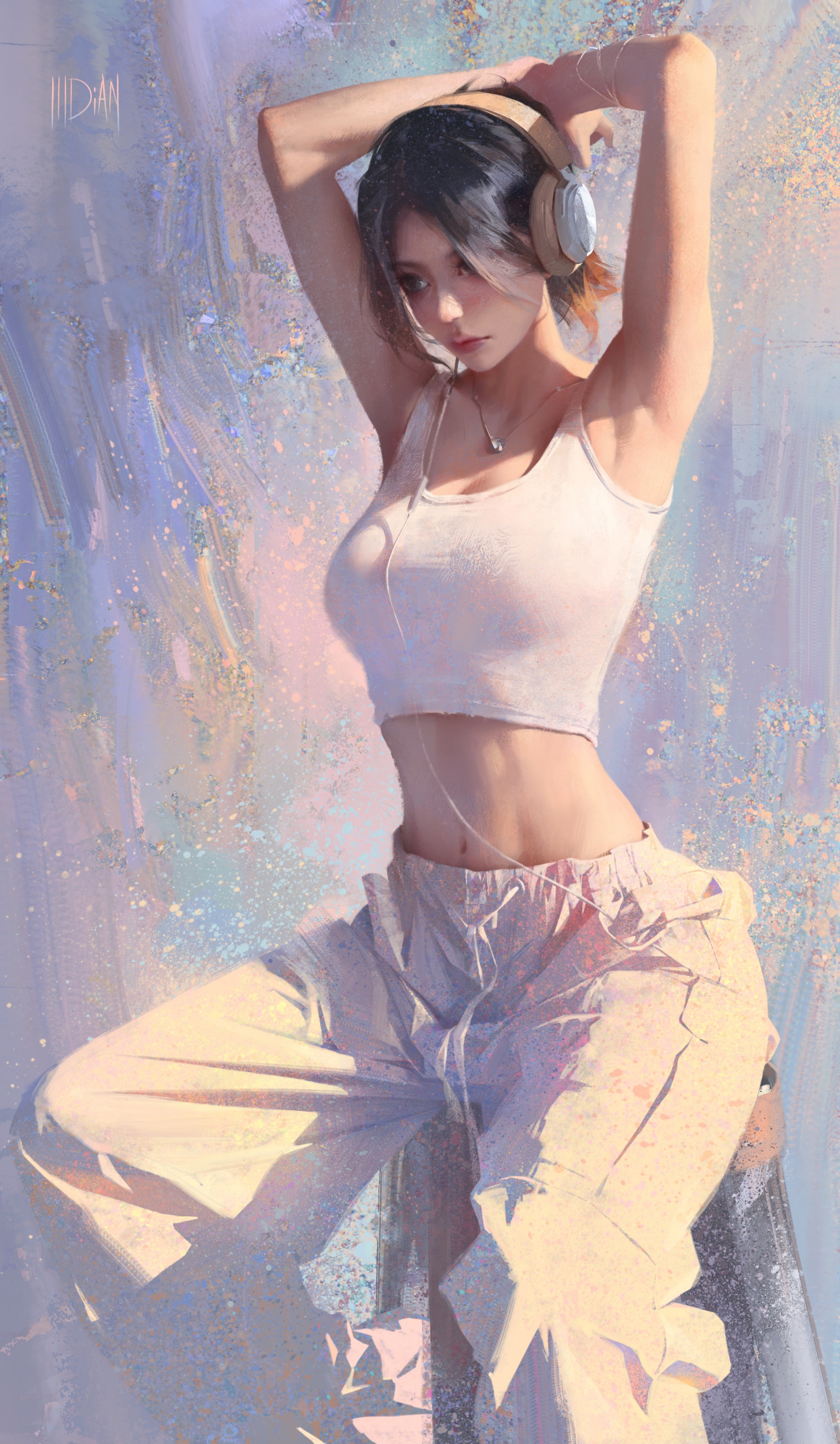 ILLDIAN, lodret, illustration, portræt, Kvinder, hovedtelefoner, armhulerne, kort hår, sort hår, Chinese Women, Afgrøde top, halskæde, navle, sidder, armene op