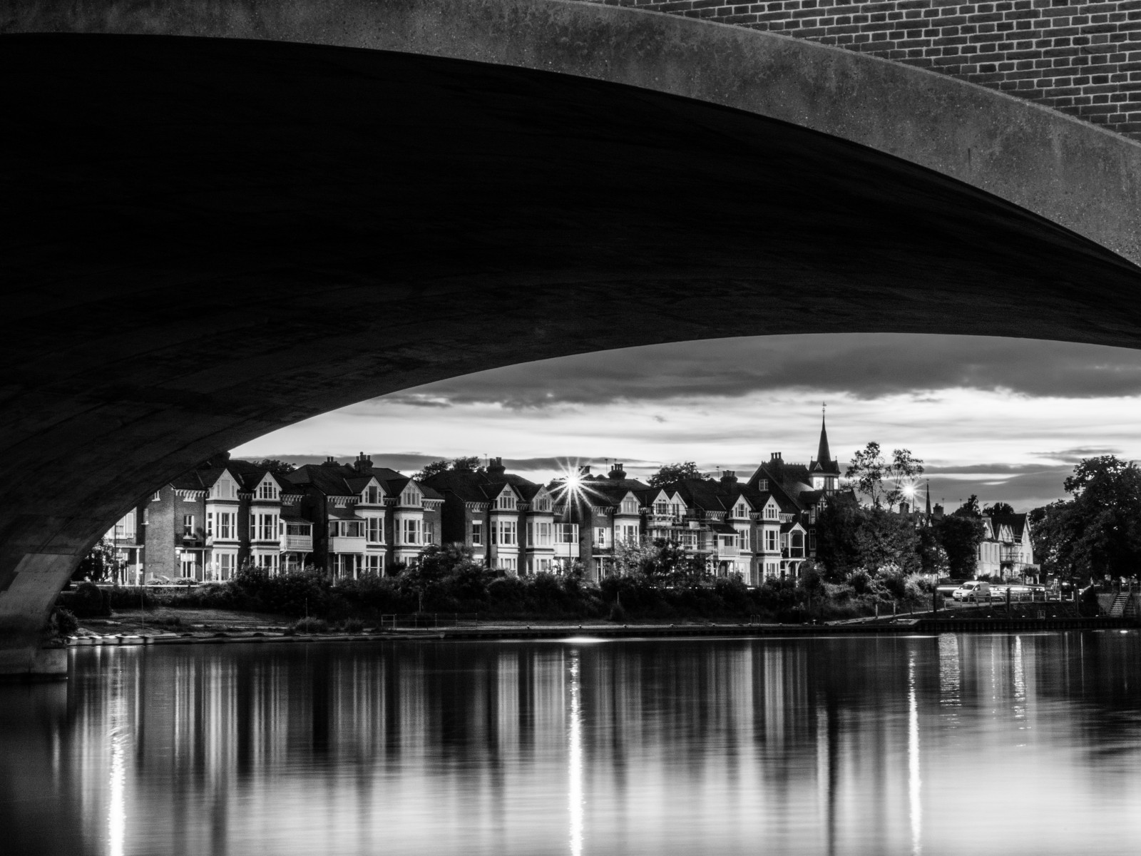 Wallpaper architecture, building, monochrome, river, bridge, house