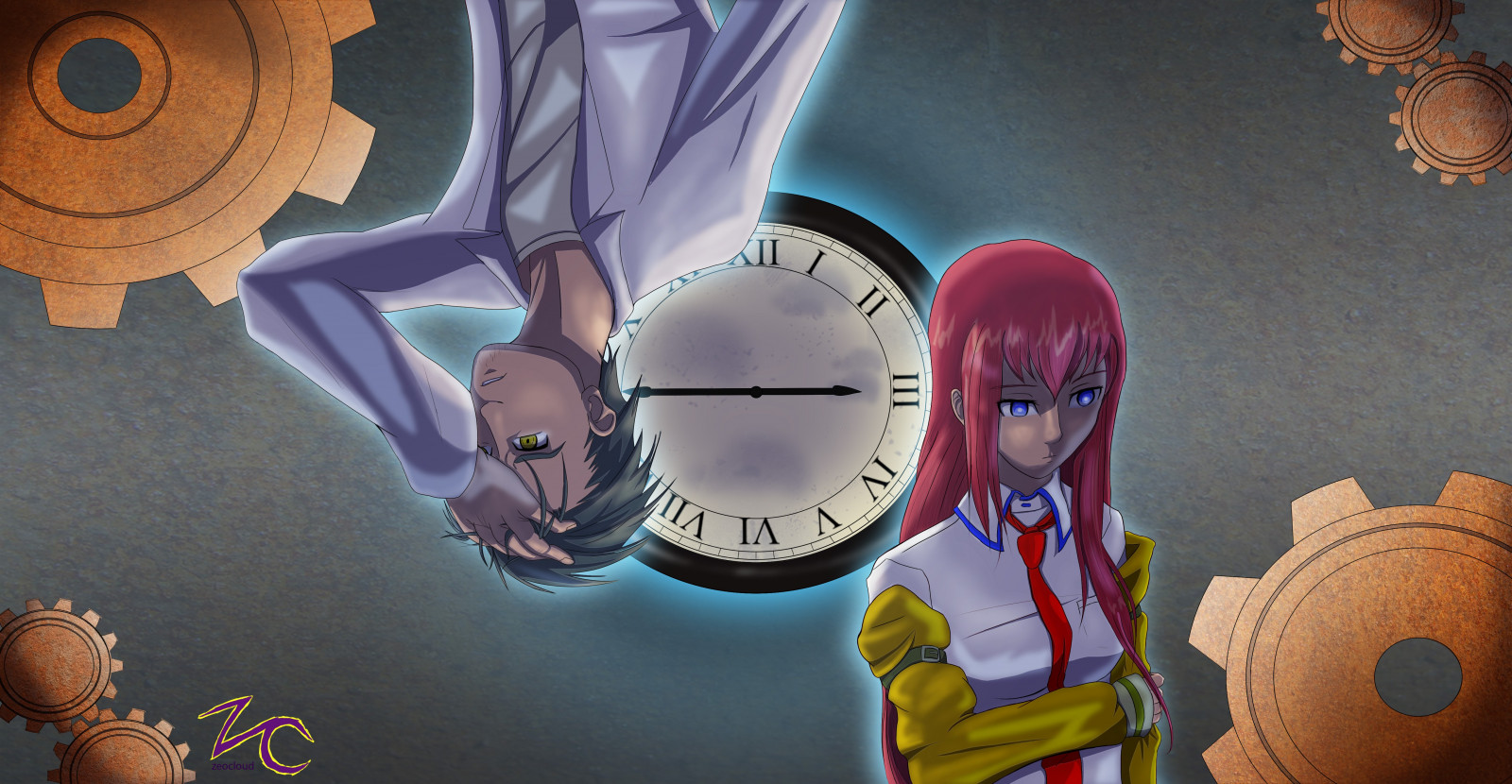 ilustrace, anime, anime dívky, anime kluci, kreslená pohádka, Makise Kurisu, Steins Gate, Okabe Rintarou, barva, Snímek obrazovky