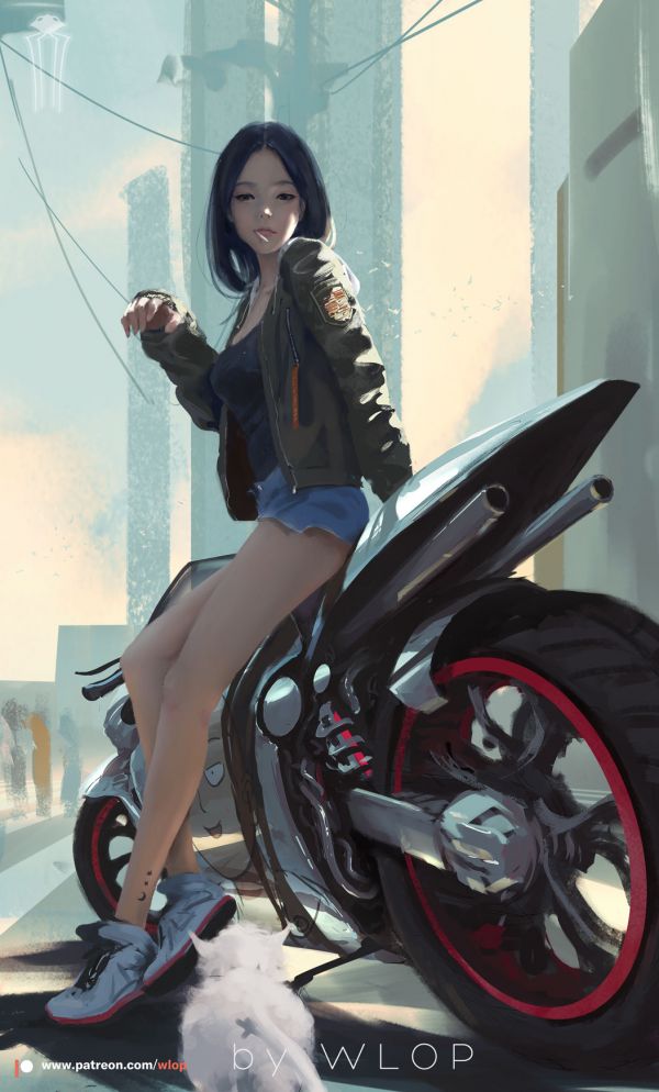 WLOP, women, motorcycle, drawn, fantasy girl, fantasy art