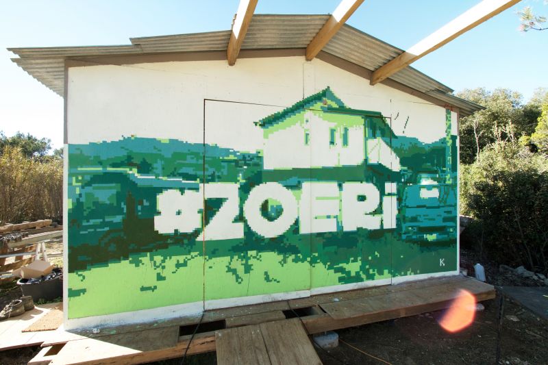 zelená, reklamní, Dům, strom, nástěnná malba, signage