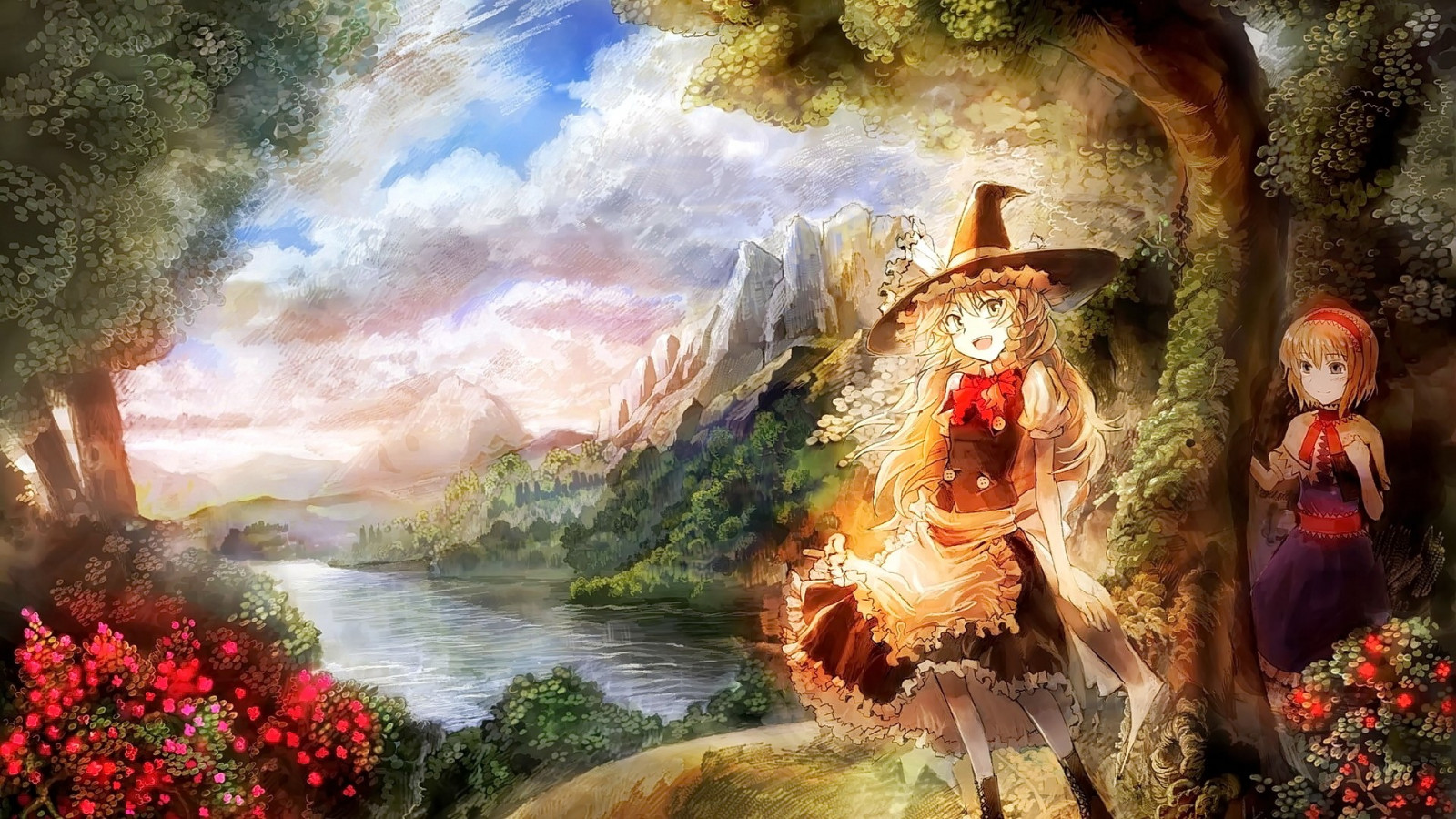 blondýnka, odvrátila, dlouhé vlasy, anime, anime dívky, krátké vlasy, čepice, Touhou, Kirisame Marisa, mytologie, Alice Margatroid, podzim, Snímek obrazovky, počítač tapeta