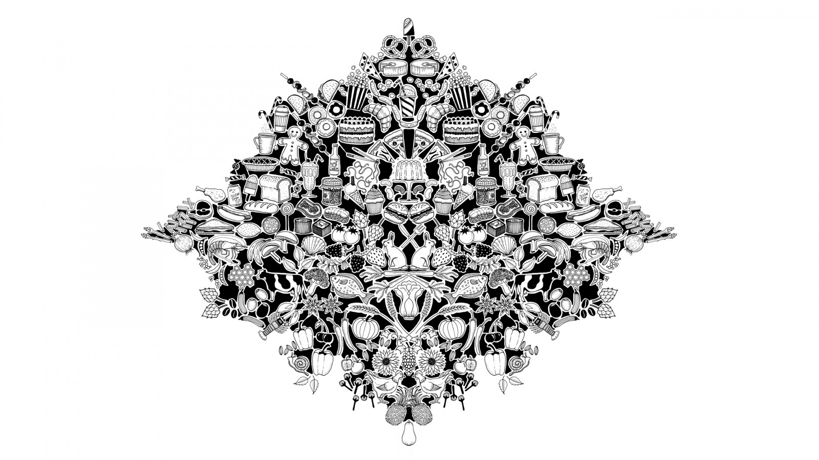 Illustration, digitale Kunst, Tiere, Lebensmittel, Brot, einfarbig, Blumen, Flaschen, Kürbis, weißer Hintergrund, Fleisch, Käse, Ast, Gemüse, Fisch, Schlange, Symmetrie, Frucht, Pilz, Pfeffer, Äpfel, Erdbeeren, Getränk, Pizza, Gabel, Muster, Ananas, Eis, Trauben, Lutscher, Süßigkeiten, Kuchen, Kirschen, Korn, Kuh, Hummer, Kaninchen, Zitronen, Hot Dogs, Himbeeren, Messer, Bananen, gespiegelt, Hühner, Möhren, Zwiebel, Krapfen, Chilischoten, Croissants, Popcorn, Beleuchtung, Leuchter, Dekor, Schwarz und weiß, Monochrome fotografie, Leuchte