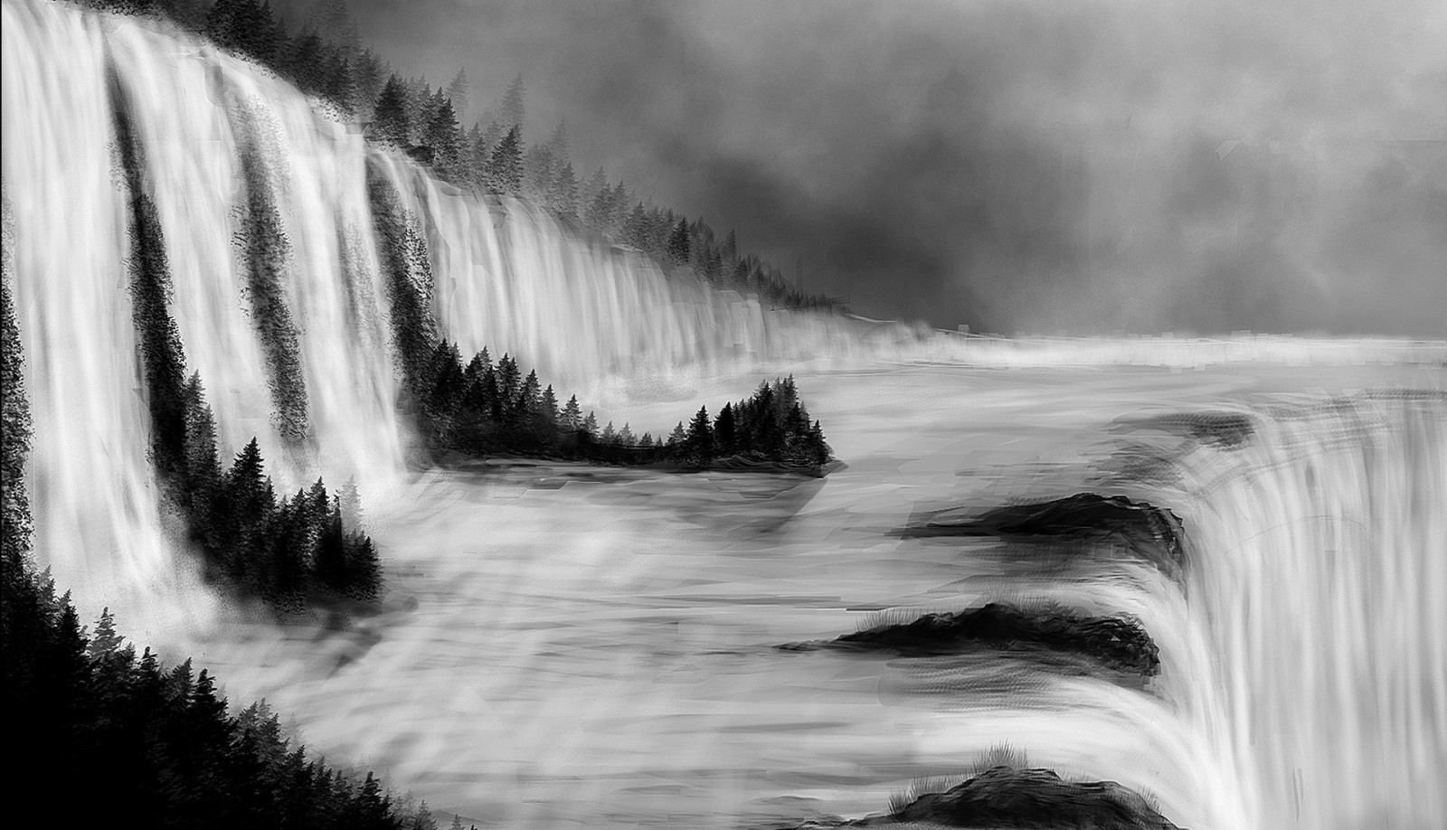 des arbres, paysage, cascade, art numérique, Monochrome, eau, la nature, brouillard, rivière, Gel, vague, Phénomène atmosphérique, noir et blanc, Photographie monochrome, plan d'eau, Vague de vent, caractéristique de l'eau, 1920x1102 px
