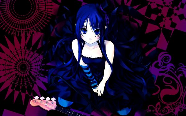 illustration, anime, brunette, guitar, girl, posture