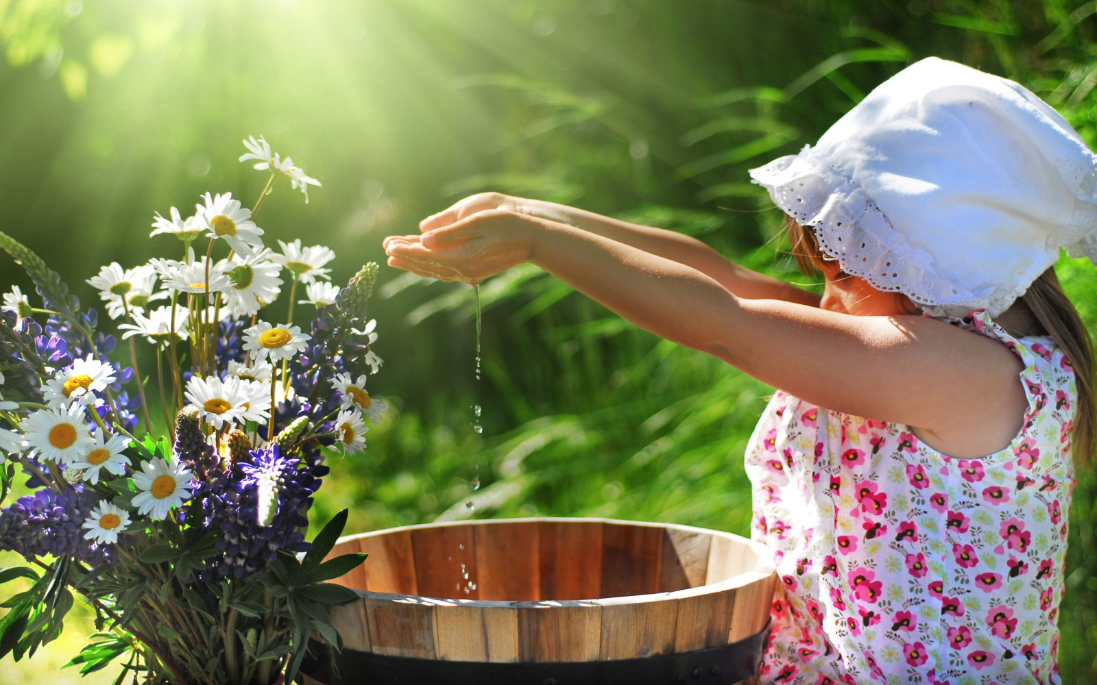 Wallpaper girl, child, flowers, bucket, water 2560x1600 1067552