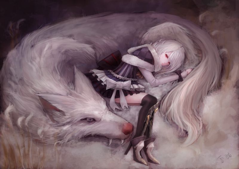 anime girls, red eyes, wolf, white hair, anime, short hair anime girls, red eyes, wolf, white hair, anime, short hair