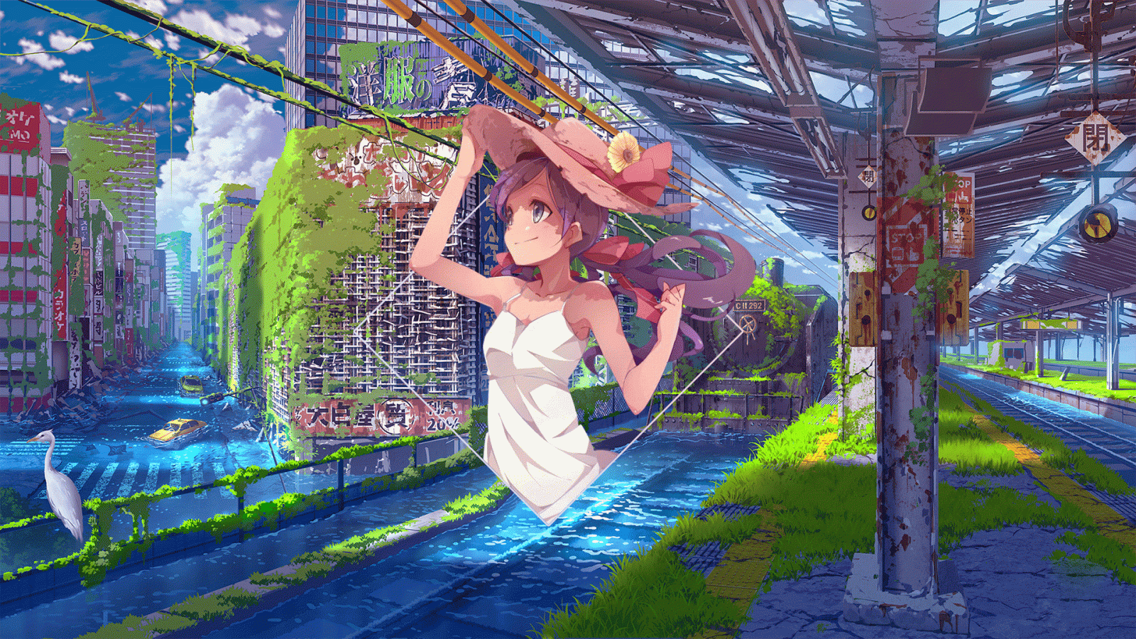 anime, anime dívky, Photoshop, digitální umění, picture in picture, sun dress, město, moře, anime landscape