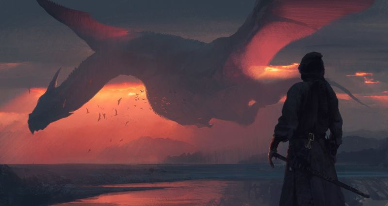 Fantasy art, tramonto, Drago, uccelli, arte digitale, opera d'arte Fantasy art, tramonto, Drago, uccelli, arte digitale, opera d'arte