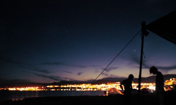 city,city lights,night,silhouette,tent