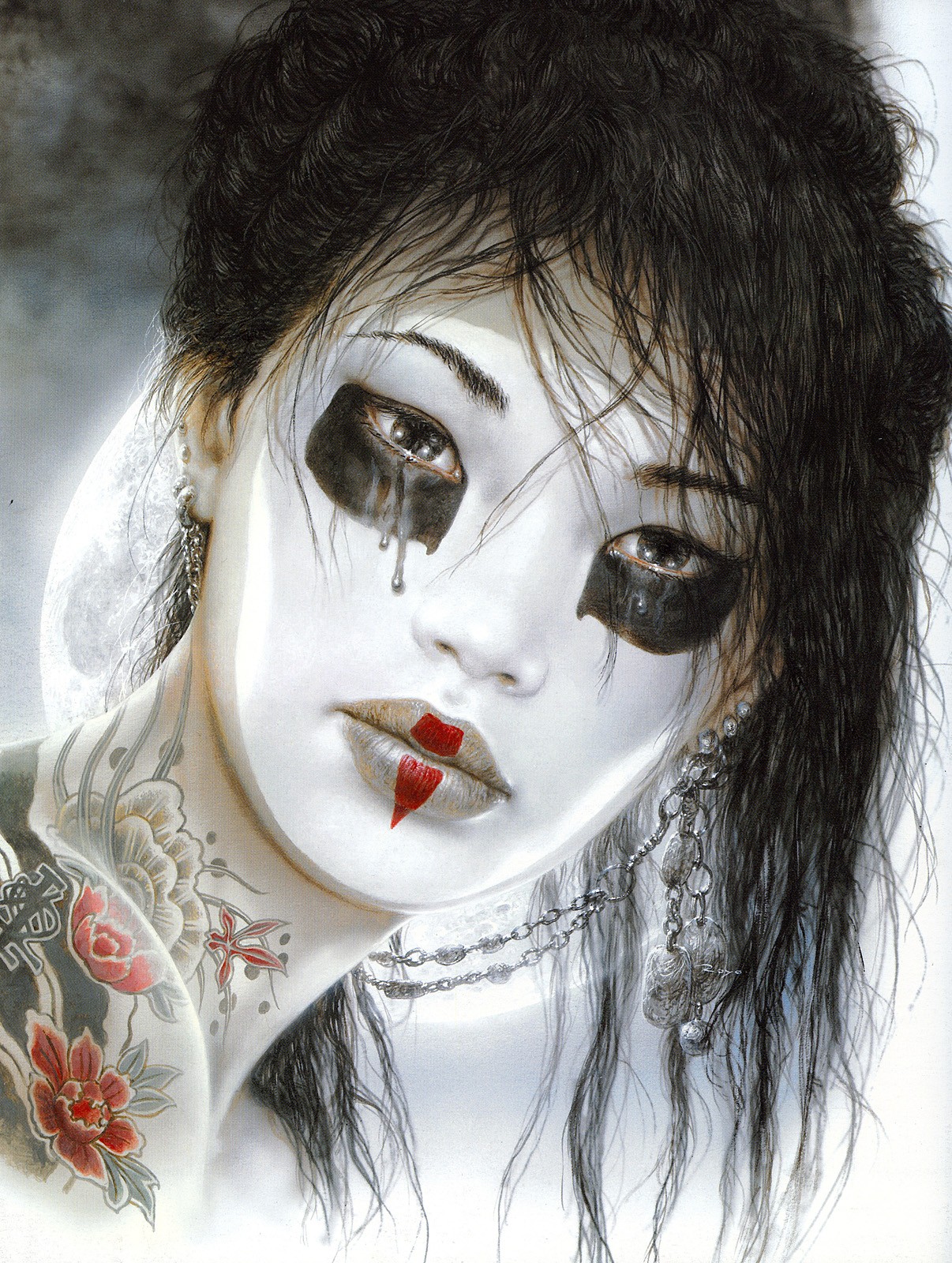 tvář, výkres, ilustrace, ženy, portrét, fantasy umění, tetování, nos, Luis Royo, mrtvých Moon, oblečení, hlava, oko, kostým, skica, orgán, zblízka