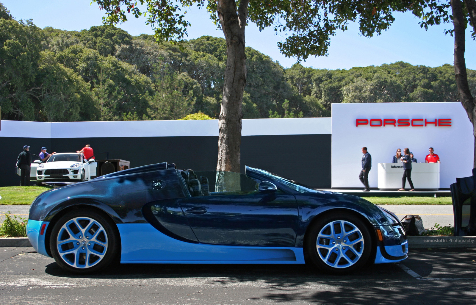 show, modrý, stromy, pláž, auto, sport, Monterey, stíny, Pohled, výstřel, boční, profil, klonování, Konvertibilní, velký, super, lóže, letovisko, oblázek, Porsche, Carmel, týden, zaparkoval, uhlík, vlákno, Bugatti, Zentrum, tónovaná, křepelka, Veyron, Roadster, vitesse, Shadowy, Buggati, sumosloths